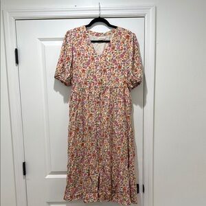 Roolee Floral Midi Dress in Pink, Orange, Green